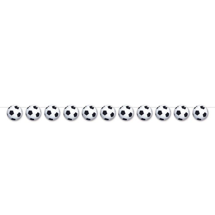 A coiled hanging streamer featuring a soccer ball design. Sold as a single piece.