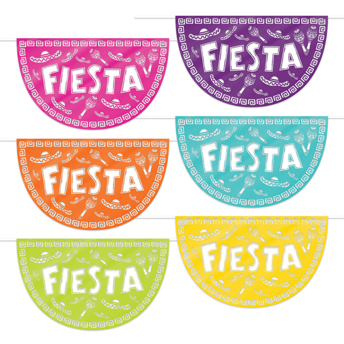 A plastic party decoration featuring a fiesta picado style buntings design. Comes in a pack of 6.