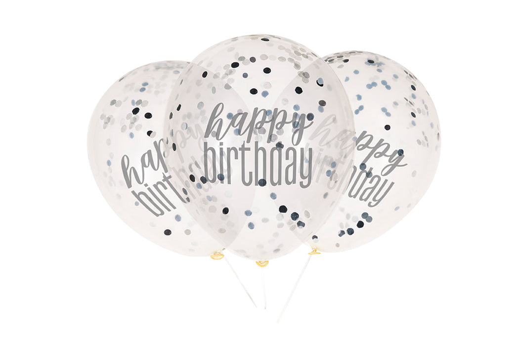 Clear 12-inch latex confetti balloons with black, silver, and gray confetti and gray “happy birthday” lettering.