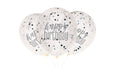 Clear 12-inch latex confetti balloons with black, silver, and gray confetti and gray “happy birthday” lettering.