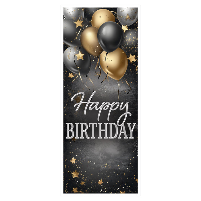 A door-sized poster printed with a happy birthday design. Sold as a single piece.