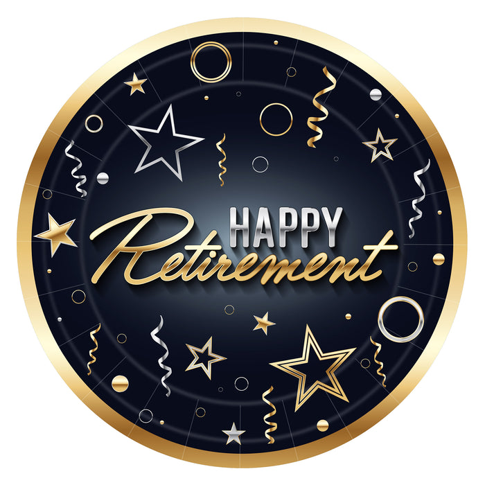 A round party plate printed with a happy retirement design. Comes in a pack of 8.