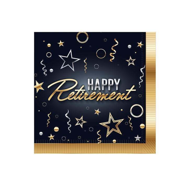 A small beverage napkin printed with a happy retirement design. Comes in a pack of 16.