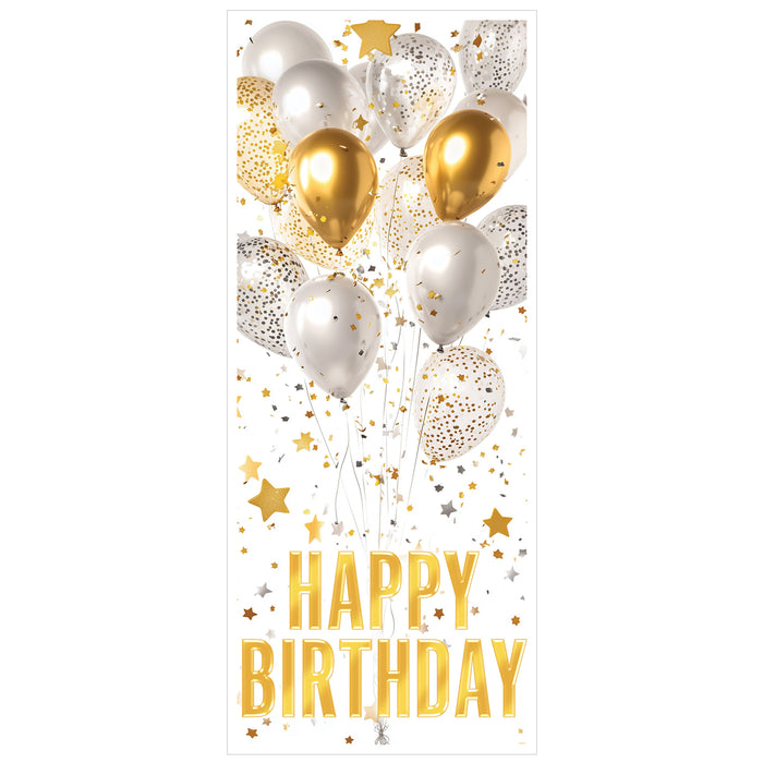 A door-sized poster printed with a happy birthday design. Sold as a single piece.