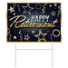 A plastic yard sign printed with a happy retirement design. Sold as a single piece.