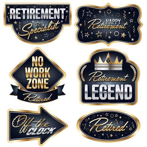 Happy Retirement Cutouts - Black & Gold | 6ct