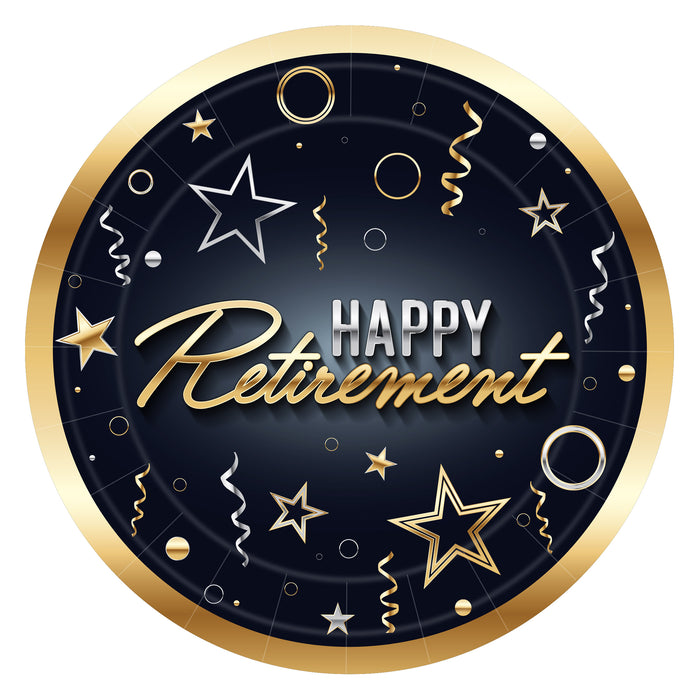 A round party plate printed with a happy retirement design. Comes in a pack of 8.