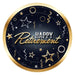 A round party plate printed with a happy retirement design. Comes in a pack of 8.