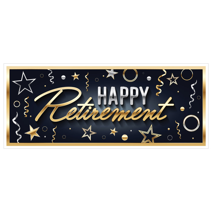 A sign banner printed with a happy retirement design. Sold as a single piece.