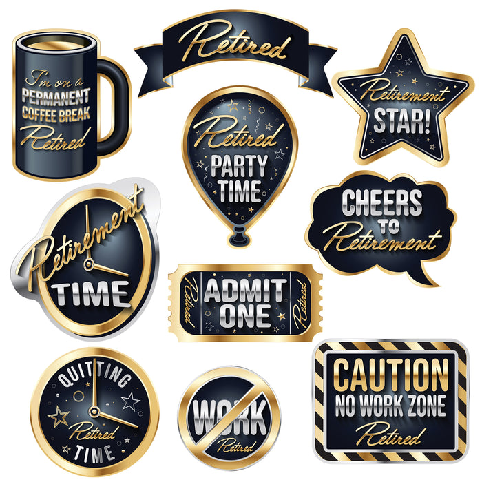 A set of photo-booth signs printed with a happy retirement design. Comes in a pack of 10.