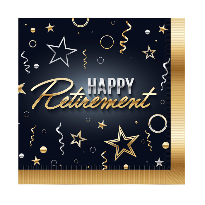 A square luncheon napkin printed with a happy retirement design. Comes in a pack of 16.