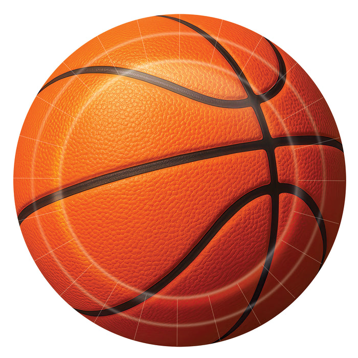 A round party plate printed with a basketball design. Comes in a pack of 8.