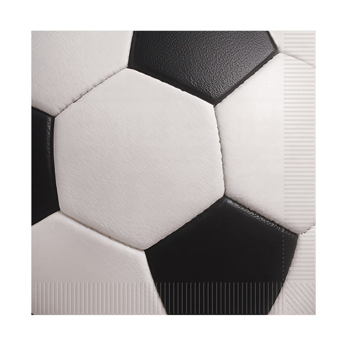 A square luncheon napkin printed with a soccer design. Comes in a pack of 16.