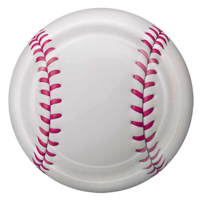 A round party plate printed with a baseball design. Comes in a pack of 8.