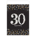 Sparkling Celebration 30 Plastic Table Cover with a large silver 30, happy birthday lettering, and gold and silver confetti on a black background.
