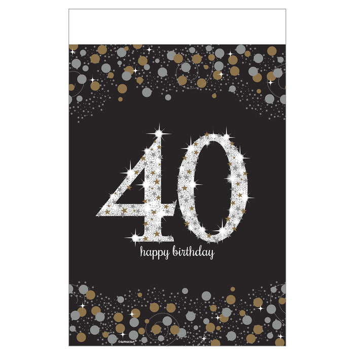 Sparkling Celebration plastic table cover for Age 40 featuring silver glitter “40” design with gold star accents and black background with gold and silver confetti border.