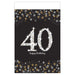 Sparkling Celebration plastic table cover for Age 40 featuring silver glitter “40” design with gold star accents and black background with gold and silver confetti border.