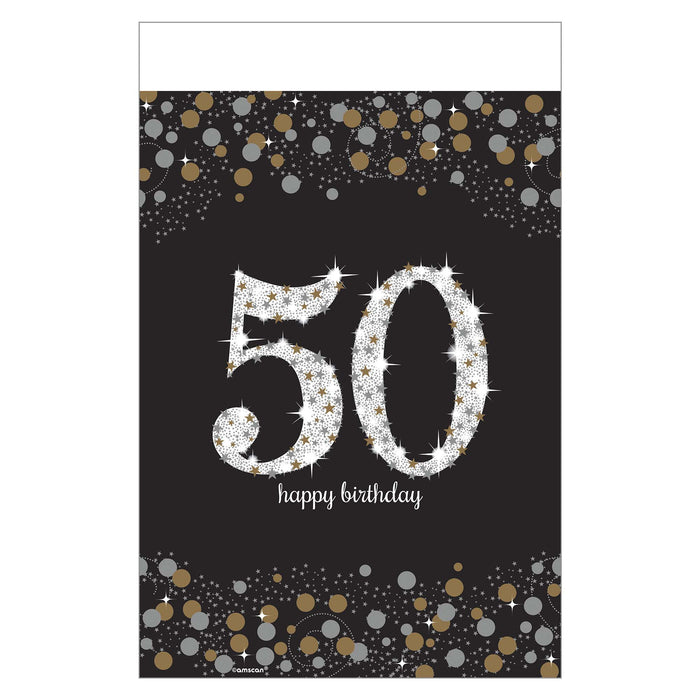 Sparkling Celebration plastic table cover for Age 50 featuring a silver glitter “50” design with gold star accents on a black background with gold and silver confetti borders.