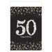 Sparkling Celebration plastic table cover for Age 50 featuring a silver glitter “50” design with gold star accents on a black background with gold and silver confetti borders.