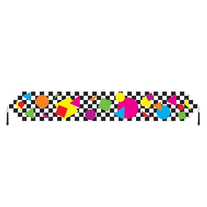 A table runner printed with a party shapes design. Sold as a single piece.