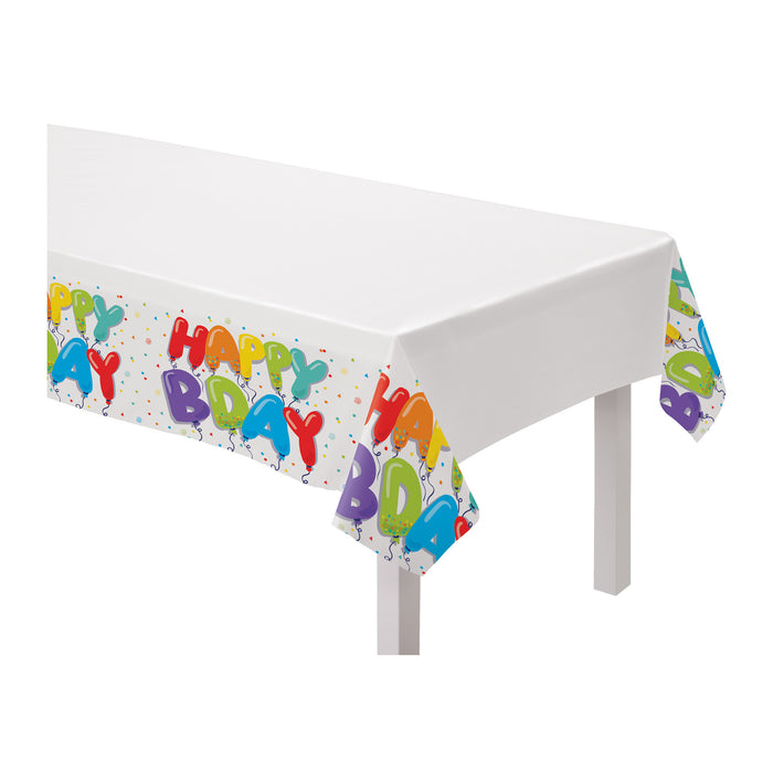 Birthday Balloons Plastic Table Cover with a white center and colorful Happy Birthday balloon lettering and confetti border.