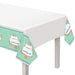 Happy Cake Day Plastic Table Cover with a white center and teal border featuring birthday cake illustrations, confetti accents, and Happy Birthday text.