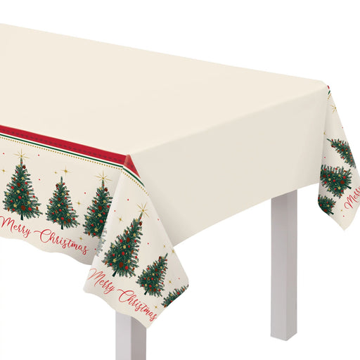 A r 54" x 102" Christmas Elegant Evergreen Plastic Table Cover.