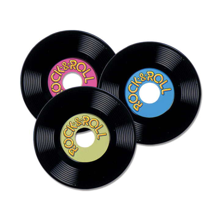 A plastic party decoration featuring a personalize records design. Comes in a pack of 3.