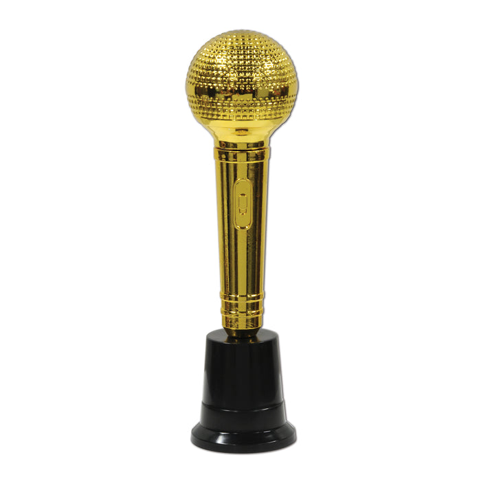 A party decoration featuring a microphone award design. Sold as a single piece.