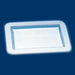White rectangular serving tray with clear center compartment and textured white border, shown against blue background.