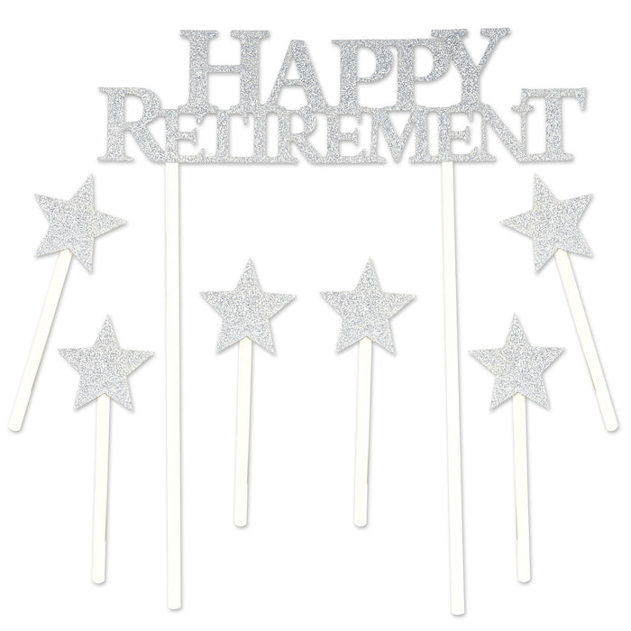 A cake topper pick featuring a happy retirement design. Sold as a single piece.