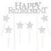 A cake topper pick featuring a happy retirement design. Sold as a single piece.