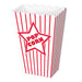 A paper party decoration featuring a popcorn boxes design. Comes in a pack of 8.