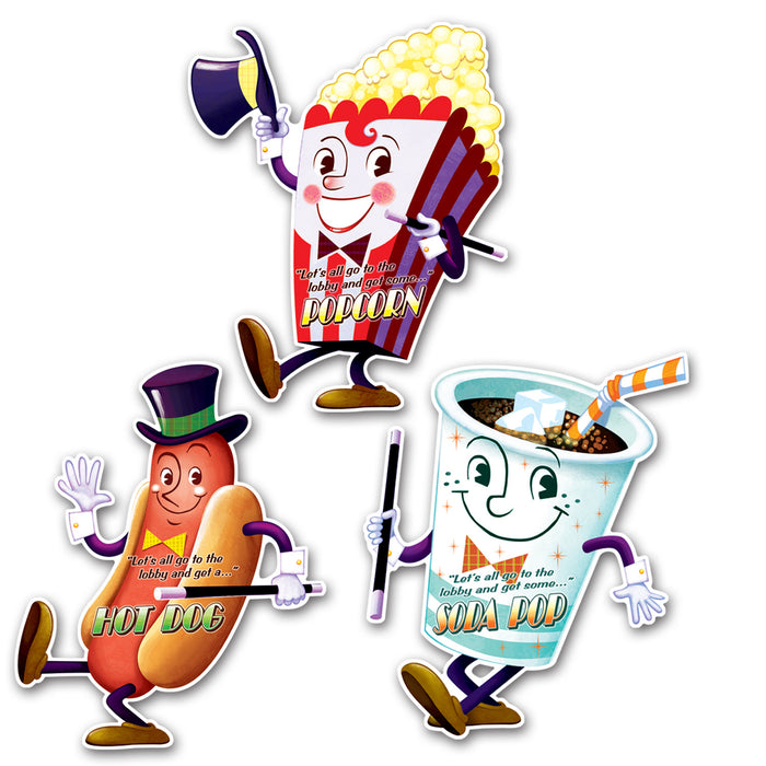 A set of flat die-cut cutouts featuring a movie night design. Comes in a pack of 3.