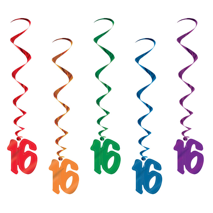 A cluster of hanging swirl decorations featuring a 16 design. Comes in a pack of 5.