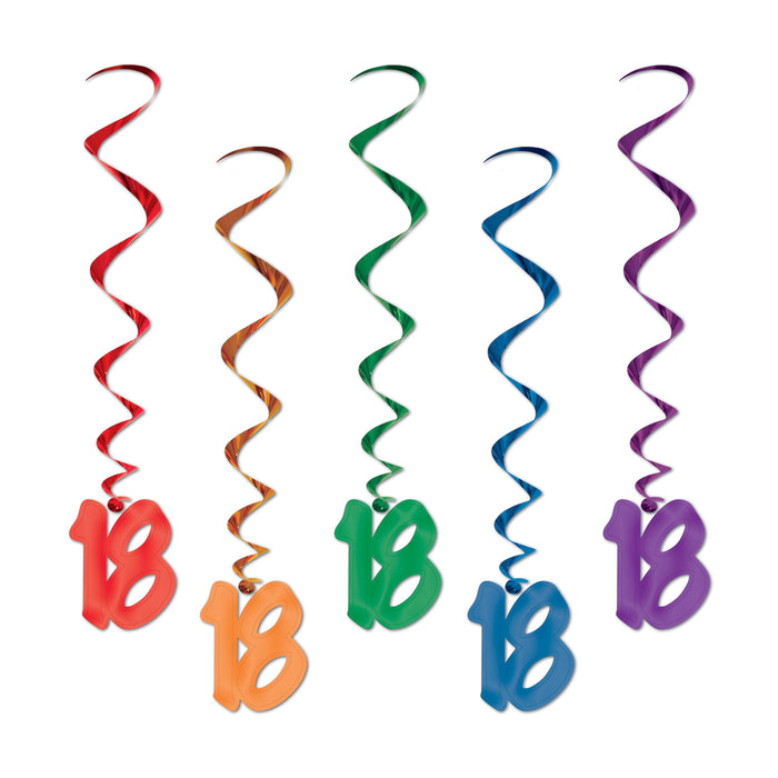 A cluster of hanging swirl decorations featuring a 18 design. Comes in a pack of 5.