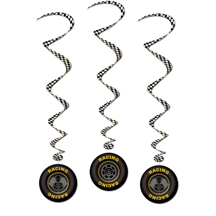 A cluster of hanging swirl decorations featuring a racing tire design. Comes in a pack of 3.