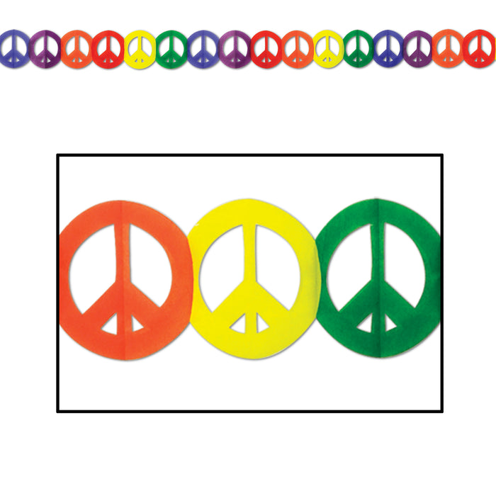 A hanging garland featuring a peace sign design. Sold as a single piece.