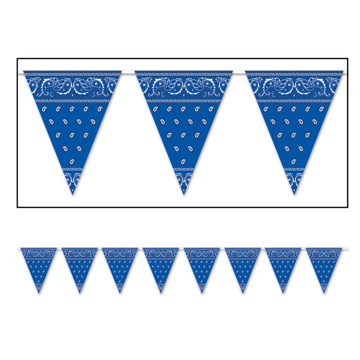 A pennant banner of triangular flags printed with a bandana design. Sold as a single piece.