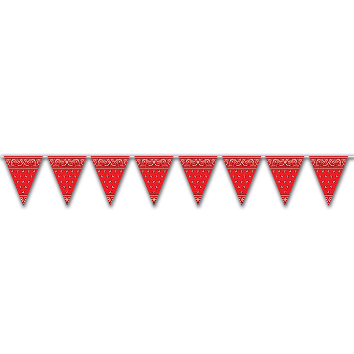 A pennant banner of triangular flags printed with a bandana design. Sold as a single piece.