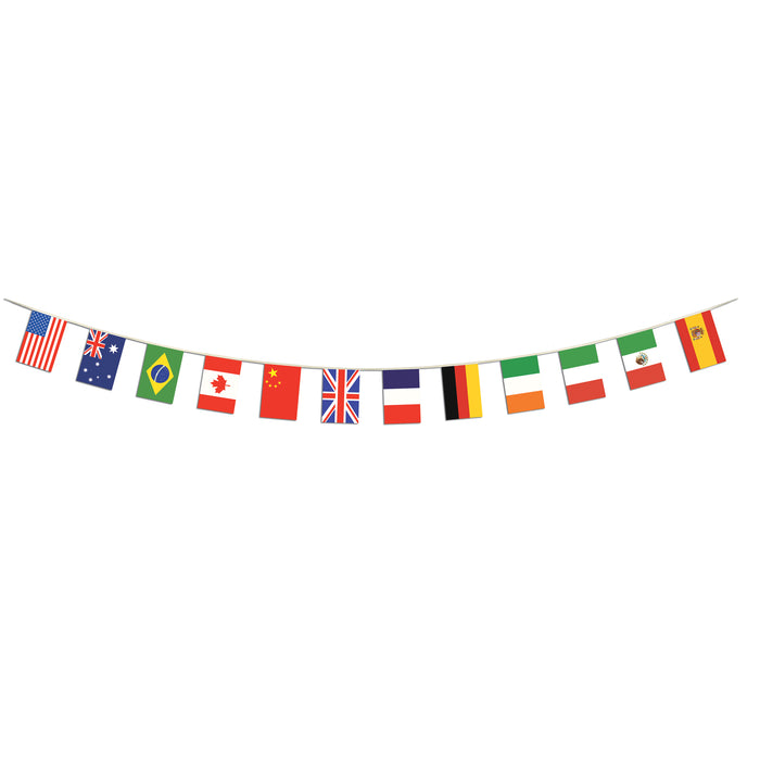 A pennant banner of triangular flags printed with a international flag design. Sold as a single piece.