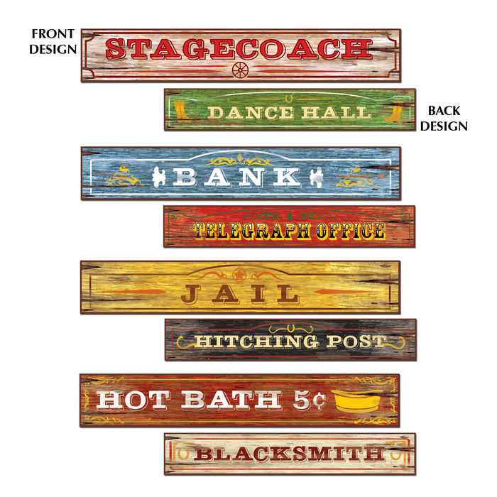 A set of flat die-cut cutouts featuring a western sign design. Comes in a pack of 4.