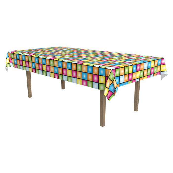 A rectangular table cover printed with a disco design. Sold as a single piece.