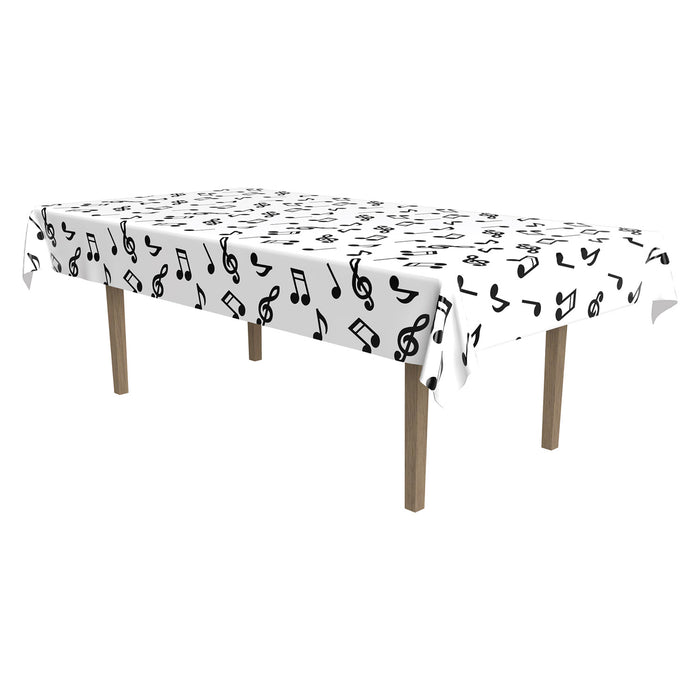 A rectangular table cover printed with a musical notes design. Sold as a single piece.