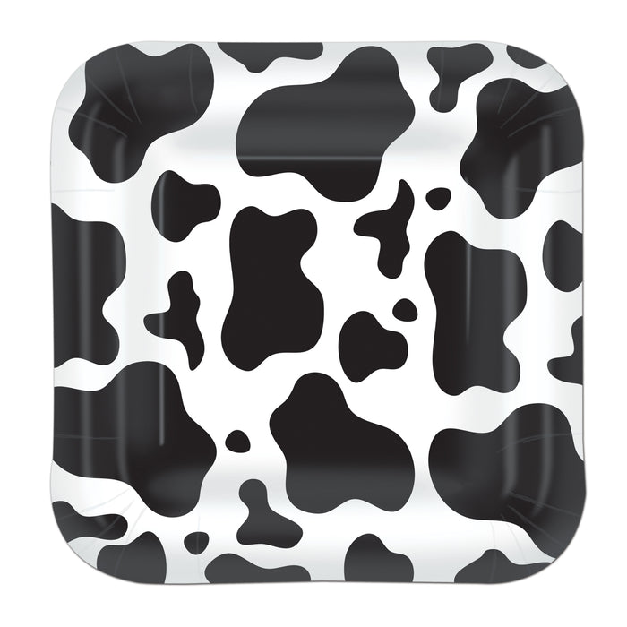 A round party plate printed with a cow print design. Comes in a pack of 8.