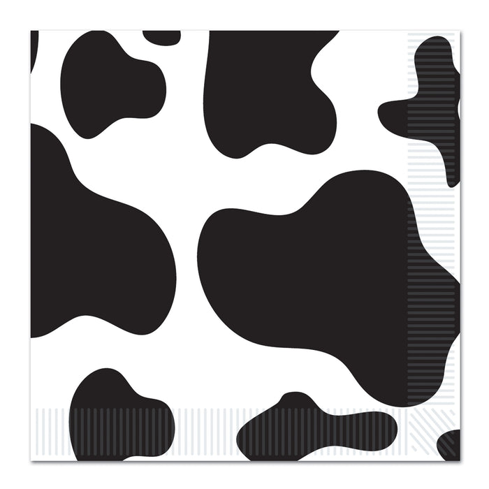 A small beverage napkin printed with a cow print design. Comes in a pack of 16.
