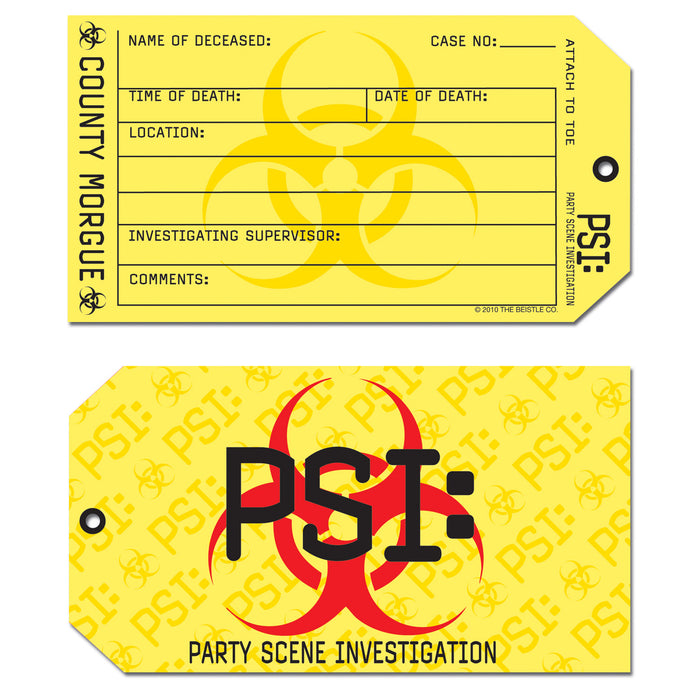 A party invitation card printed with a psi toe tag design. Comes in a pack of 8.