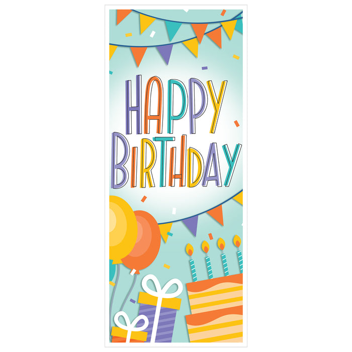 A door-sized poster printed with a happy birthday design. Sold as a single piece.