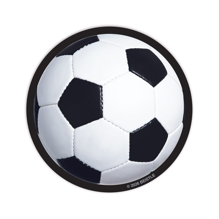 A round drink coaster printed with a soccer ball design. Comes in a pack of 8.