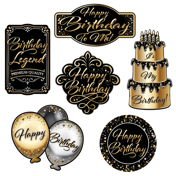 A set of flat die-cut cutouts featuring a happy birthday design. Comes in a pack of 6.